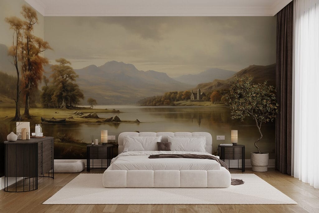 Boote am Herbstsee in einem Interieur