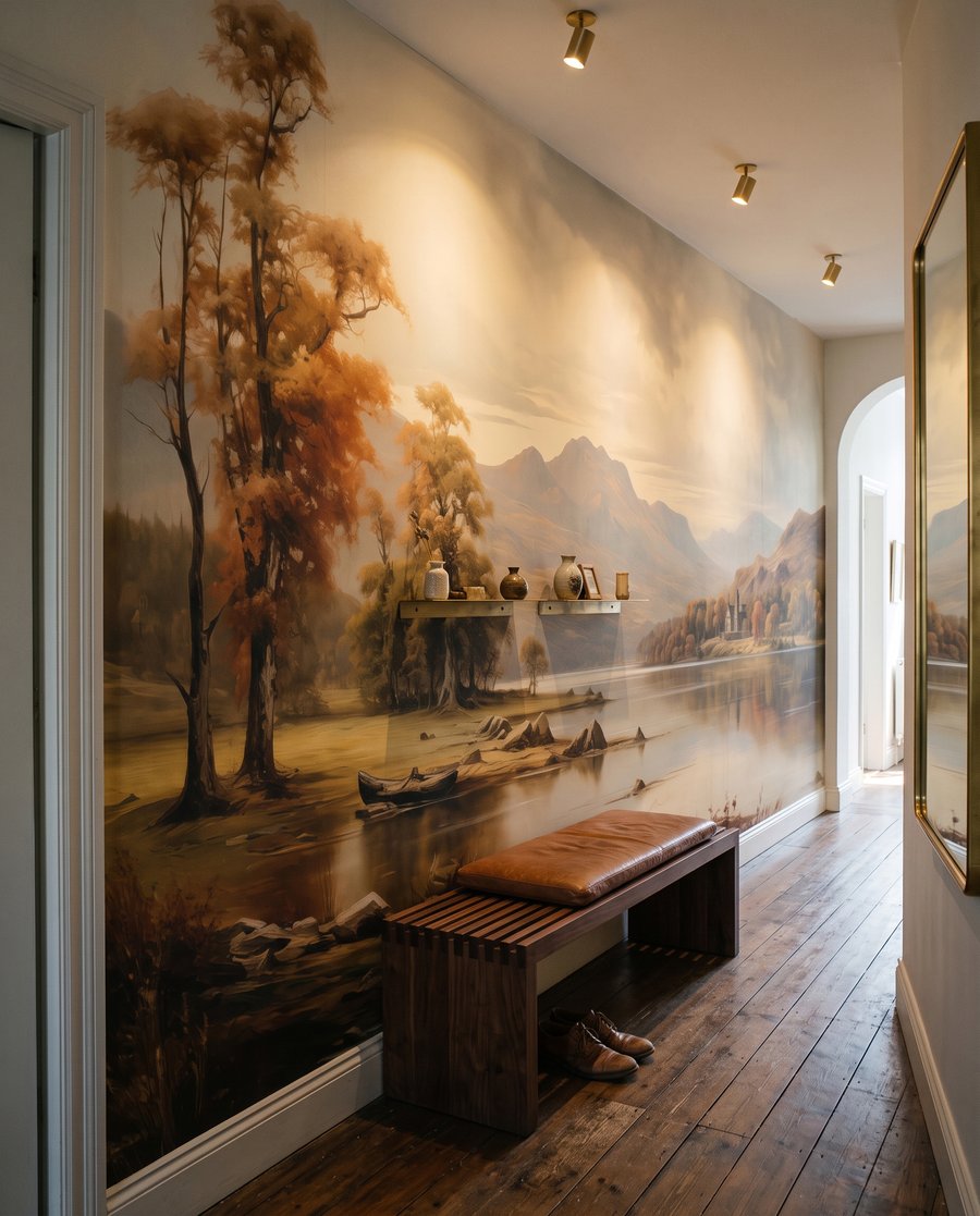 Boote am Herbstsee in einem Interieur
