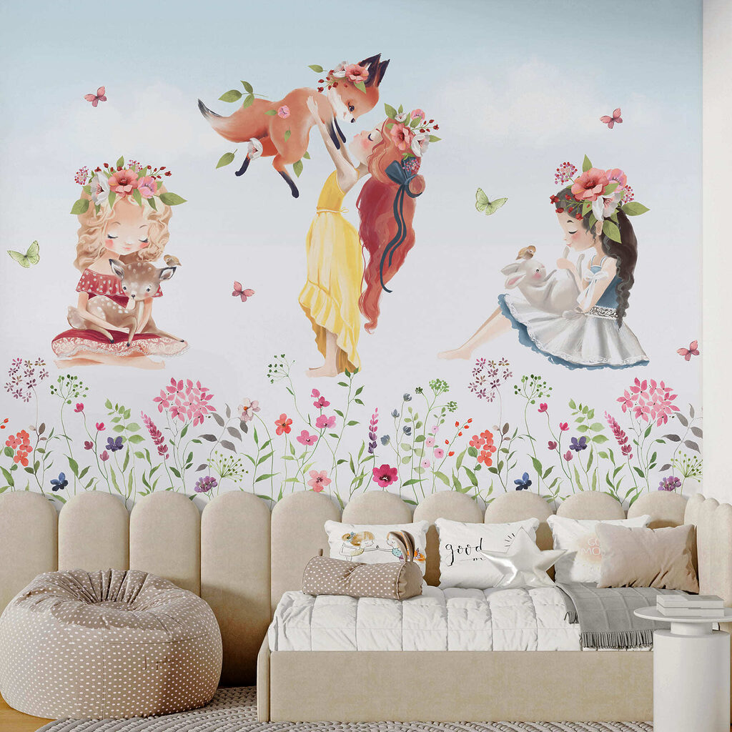 Mädchen über der Blumenwiese in einem Interieur
