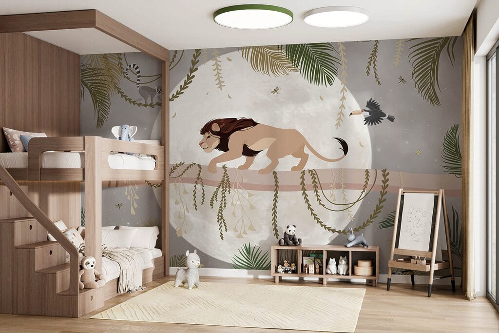 Löwe auf dem Ast in einem Interieur