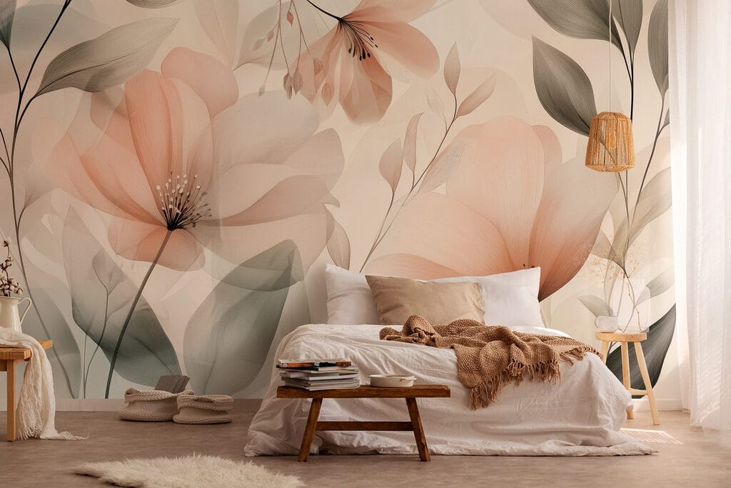 Pfirsichfarbene Blüten in einem Interieur