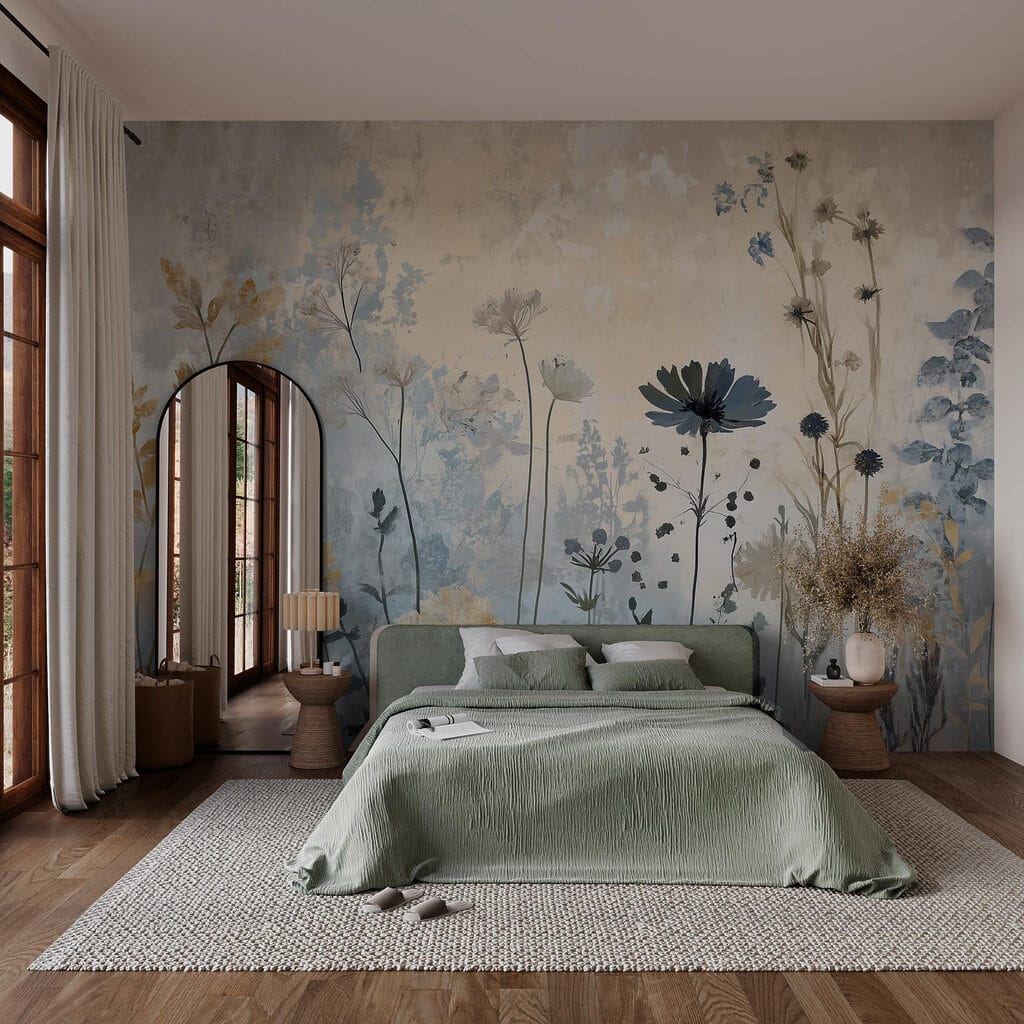 Zarte Blüten auf Patina in einem Interieur