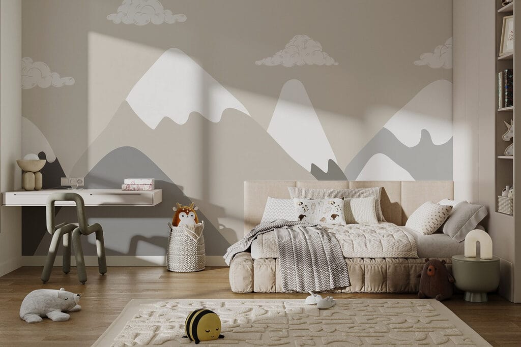 Verschneite Berge in einem Interieur