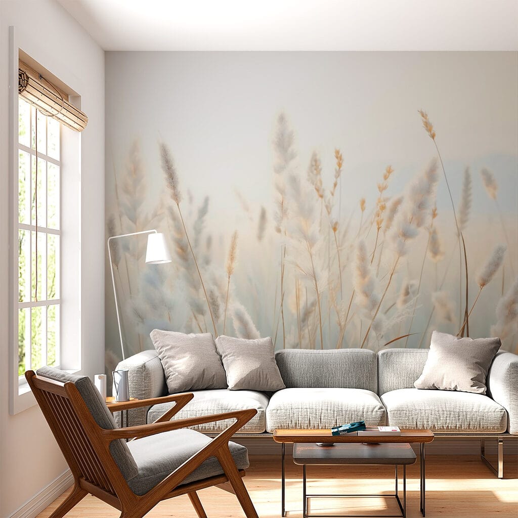 Gräser vor zartem Blau in einem Interieur