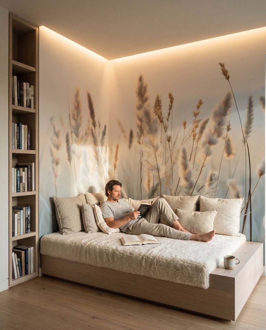 Gräser vor zartem Blau in einem Interieur