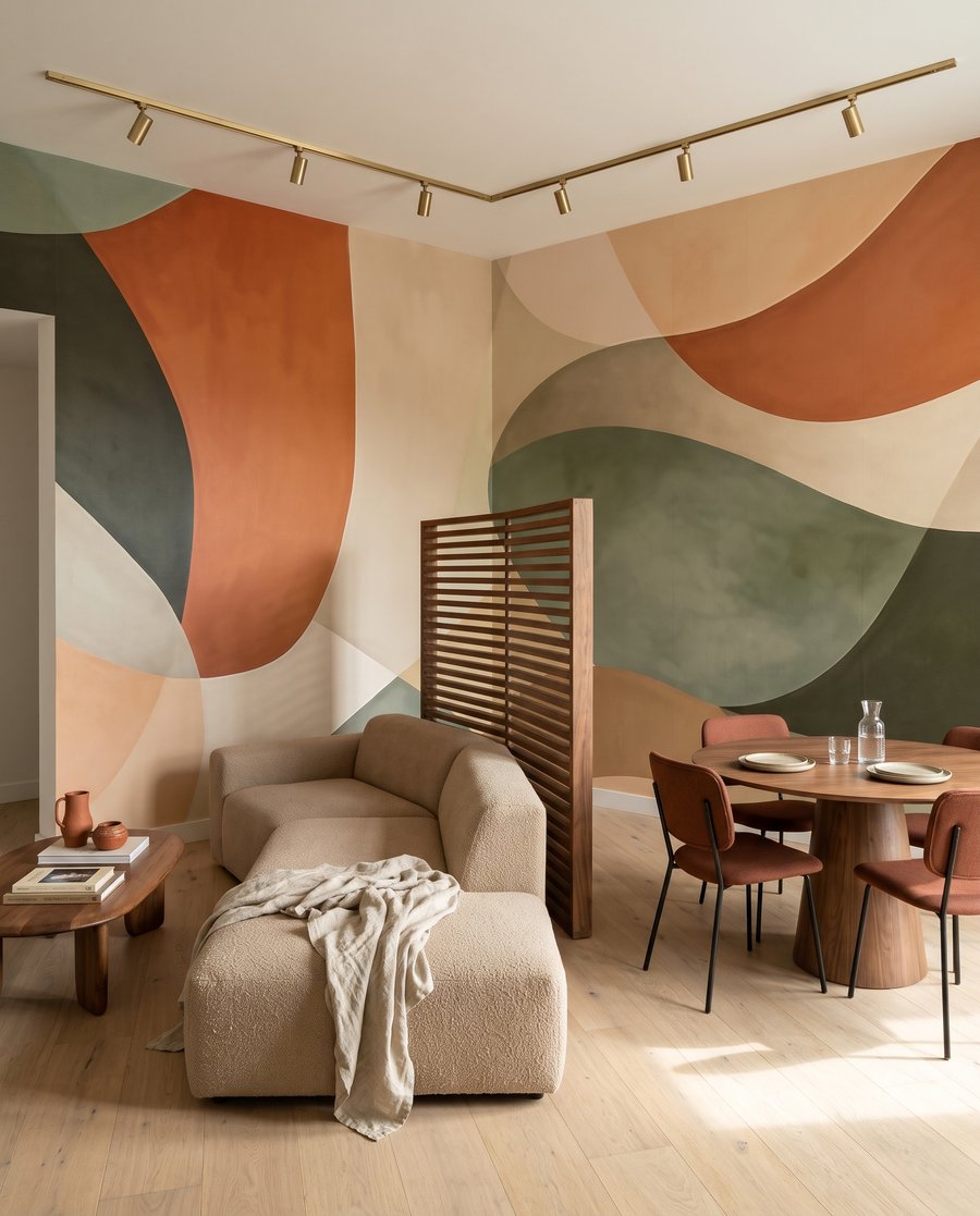 Grüne Bögen und Terrakotta in einem Interieur
