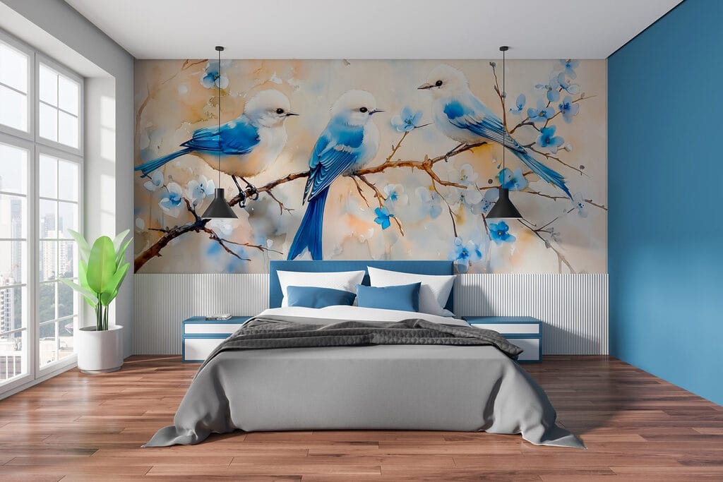 Blaue Vögel am Blütenzweig in einem Interieur
