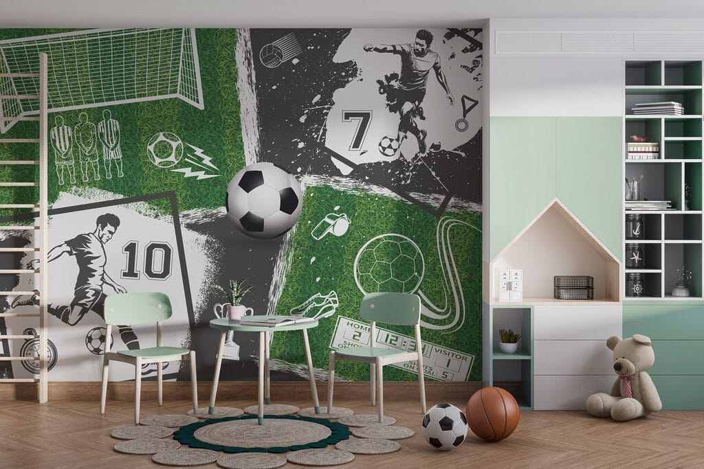 Grün-schwarze Fußballwelt in einem Interieur
