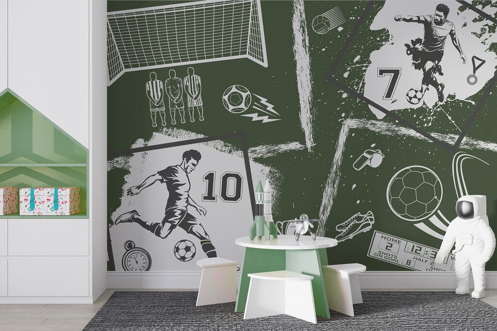 Fußballwelt in verwitterten Feldern in einem Interieur