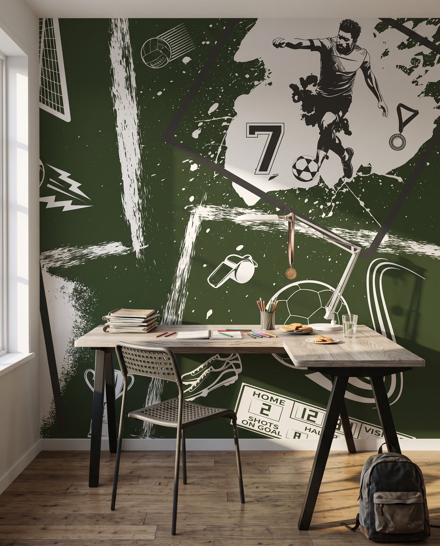 Fußballwelt in verwitterten Feldern in einem Interieur