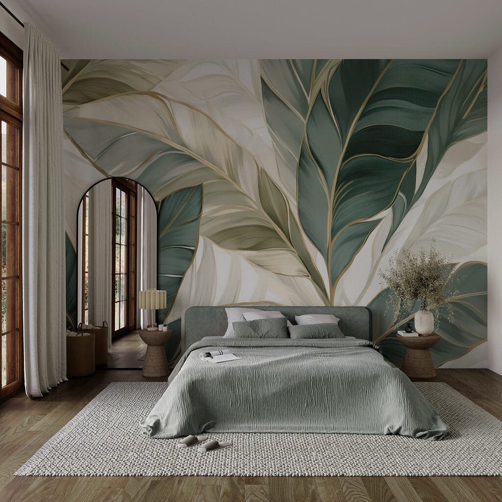 Grünes Blatt, goldene Adern in einem Interieur