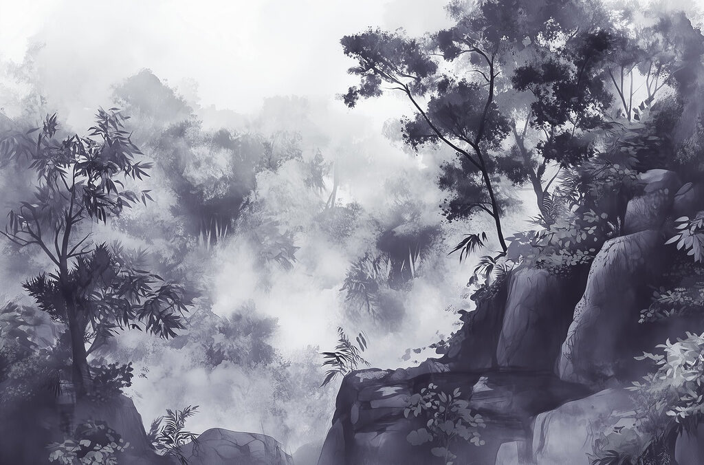 Nebliger Wald mit Felsen — ganzes Design