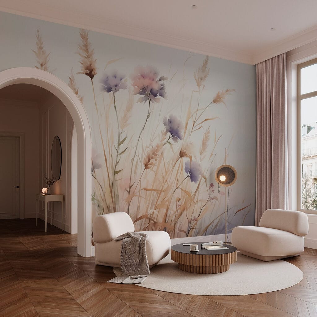 Blumen zwischen trockenen Halmen in einem Interieur