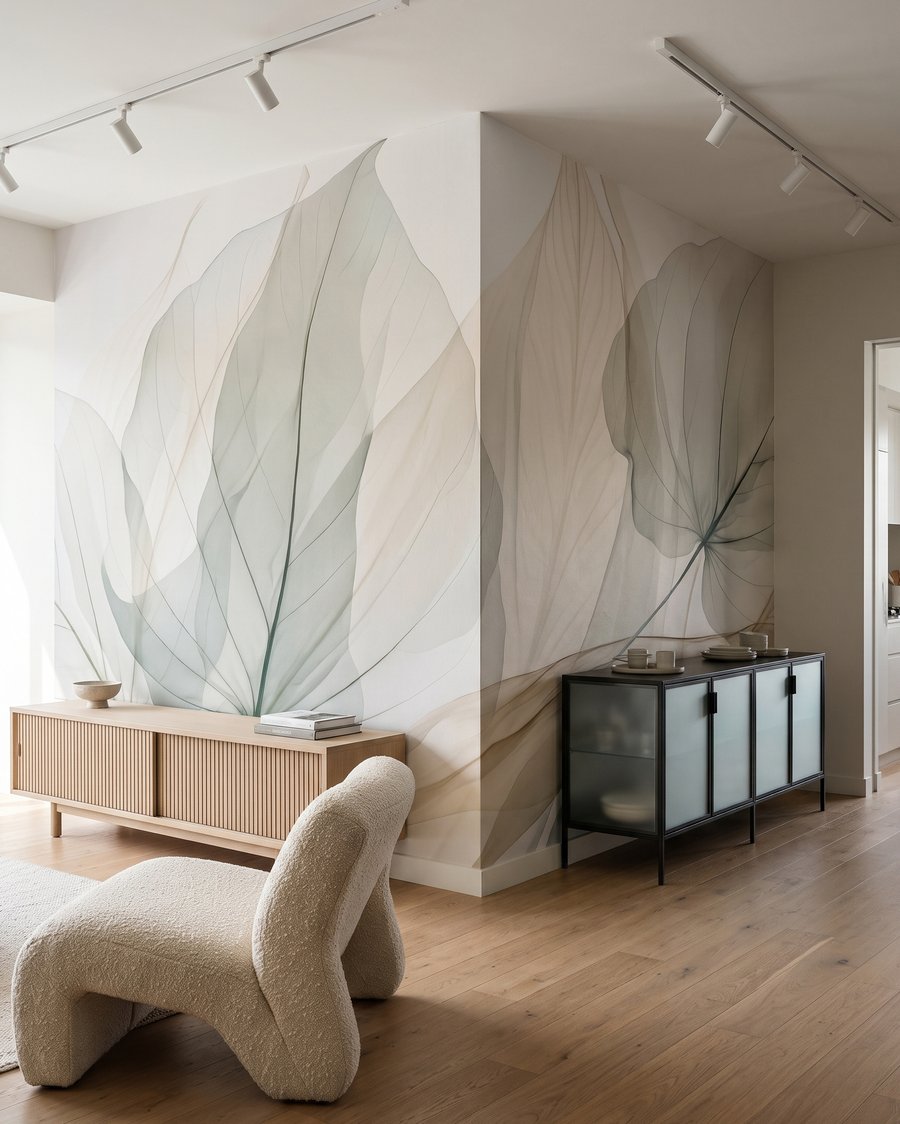 Blätter an gebogenen Stielen in einem Interieur