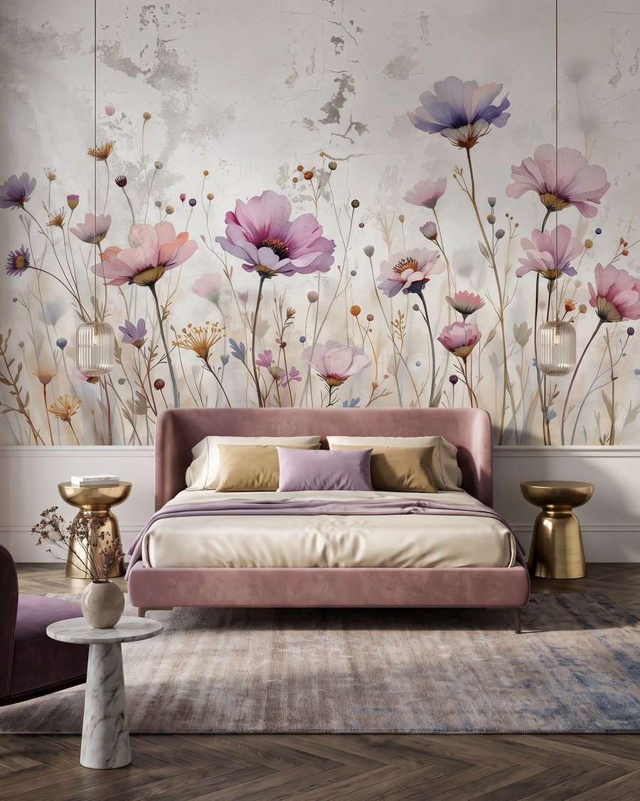 Blumen auf langen Stielen in einem Interieur