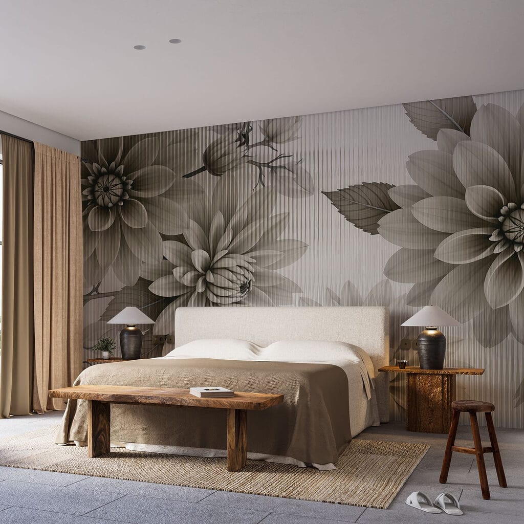 Dahlien in feinen Linien in einem Interieur