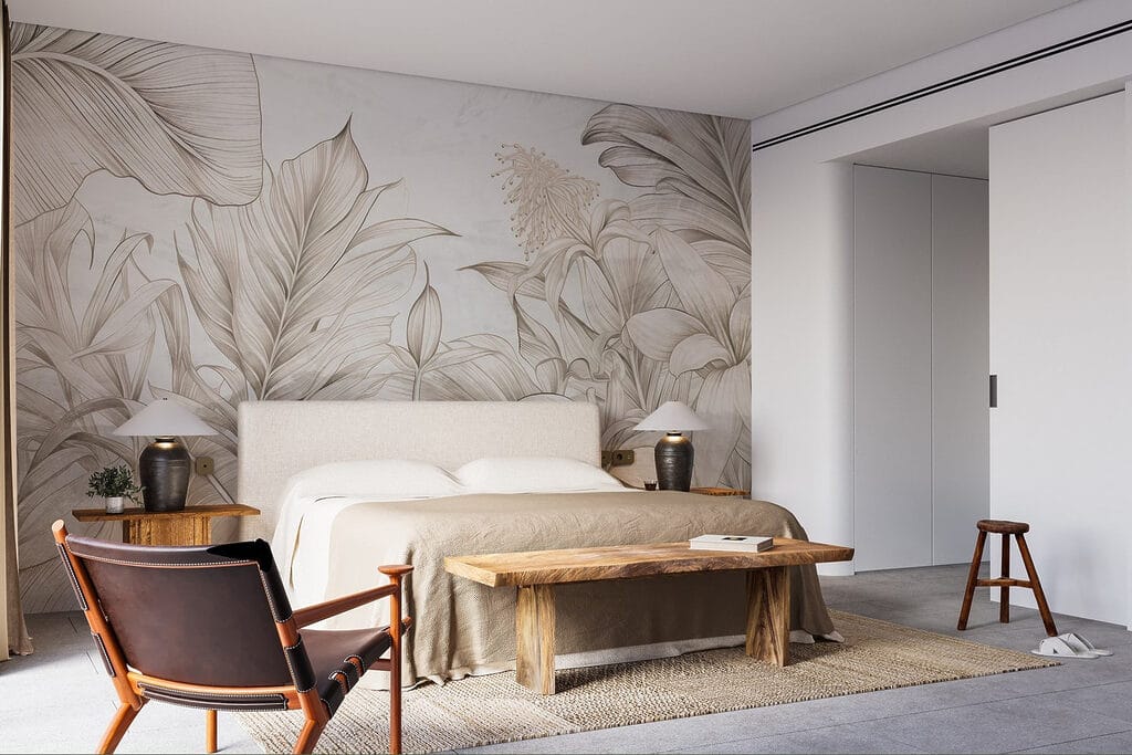 Tropenpflanzen in feiner Schraffur in einem Interieur