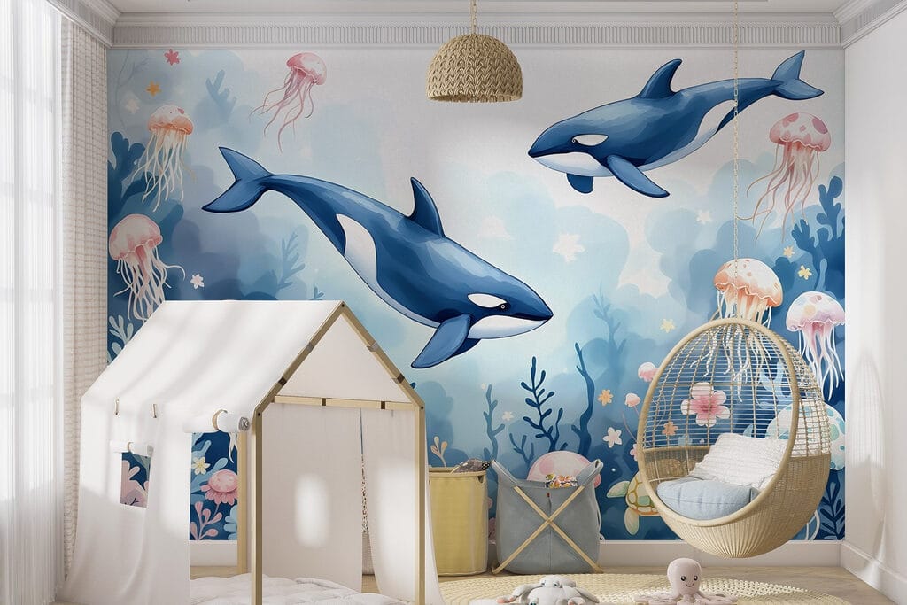 Orcas zwischen Quallen in einem Interieur