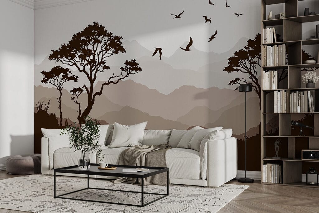 Vögel über Baumsilhouetten in einem Interieur