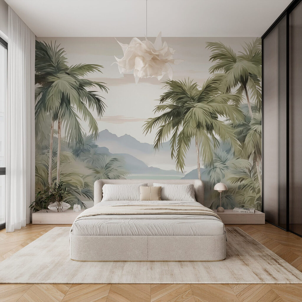 Palmen an der Bergbucht in einem Interieur