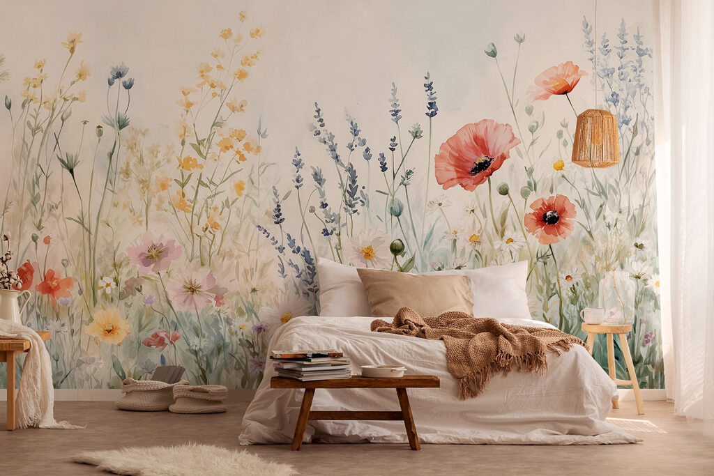 Wiese mit Mohnblumen in einem Interieur
