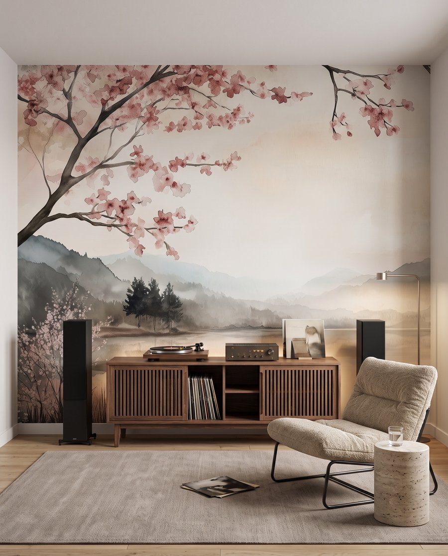 Blüten über dem Bergsee in einem Interieur