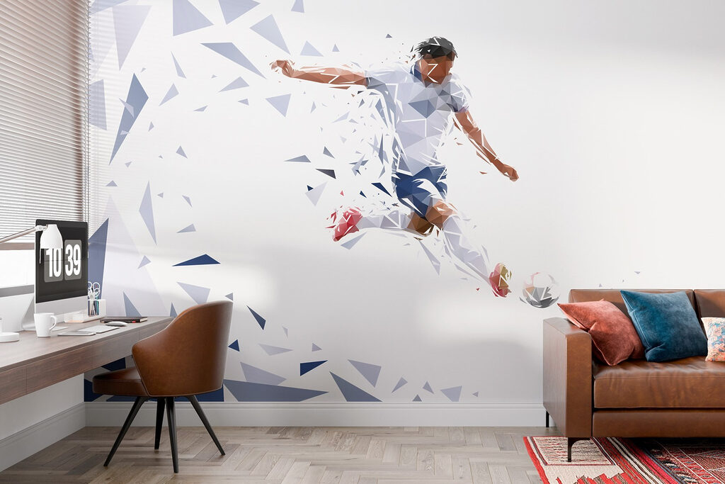 Fußballer in blauen Scherben in einem Interieur