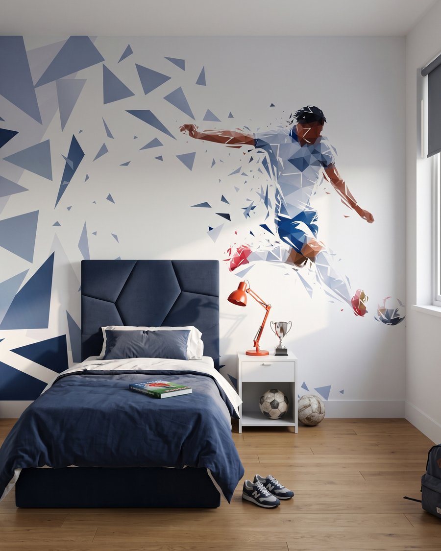 Fußballer in blauen Scherben in einem Interieur