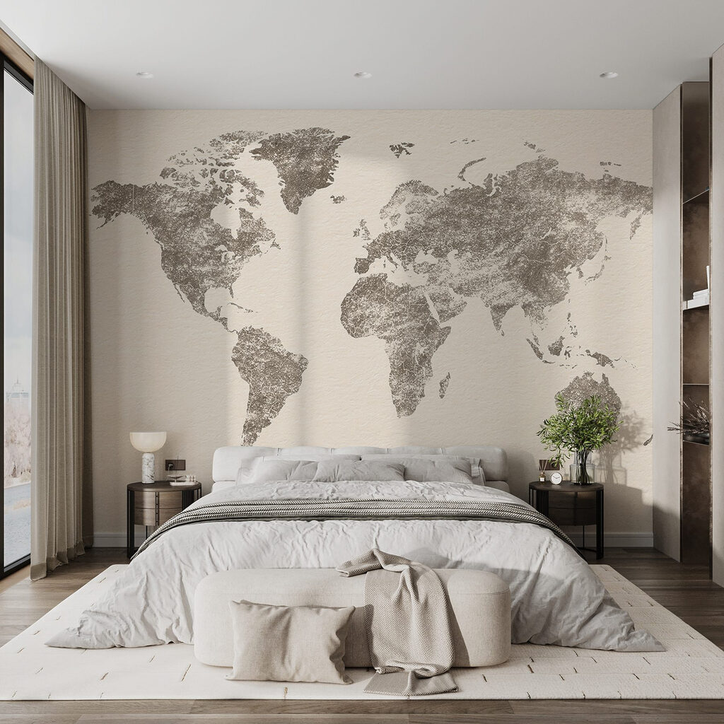 Weltkarte als alter Stich in einem Interieur