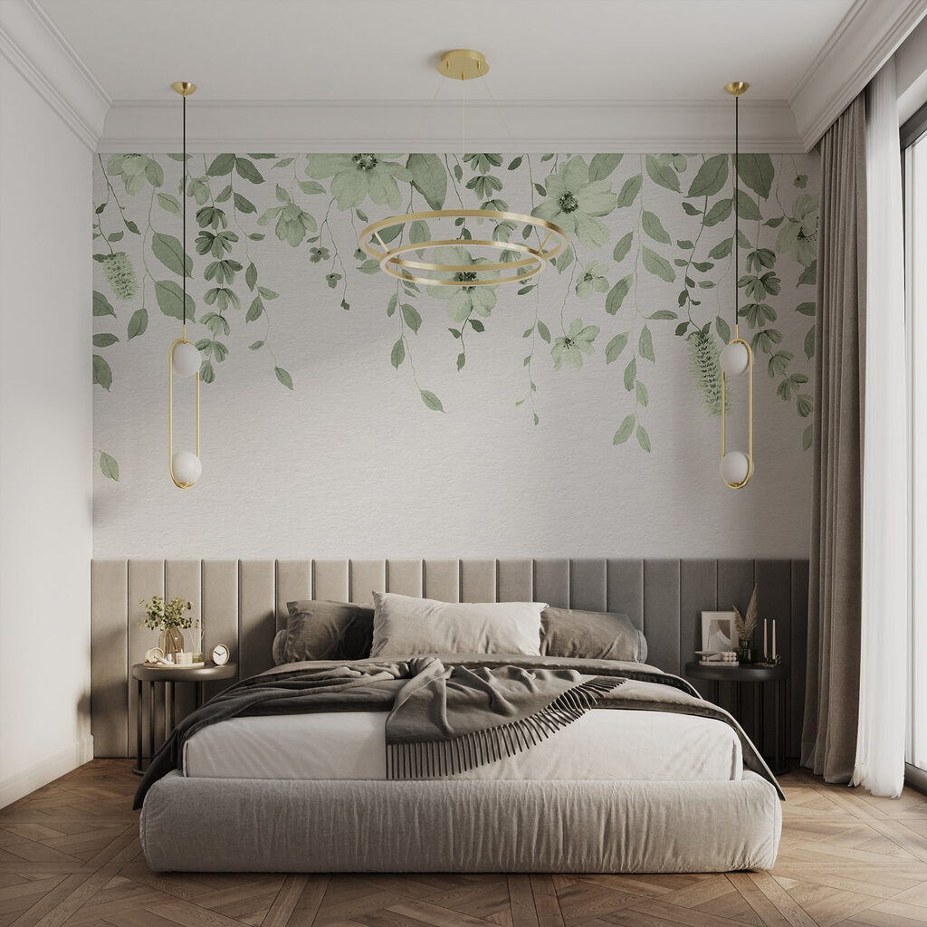 Hängende Blumengirlanden in einem Interieur