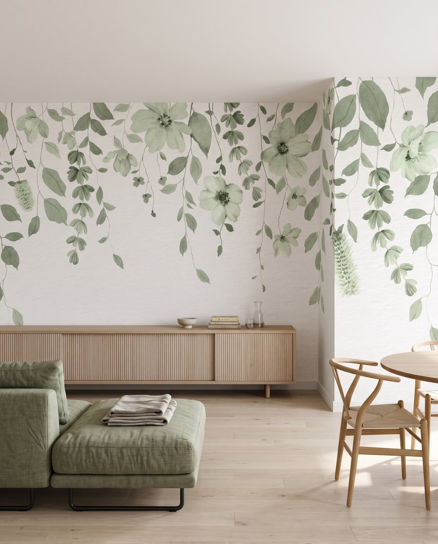 Hängende Blumengirlanden in einem Interieur