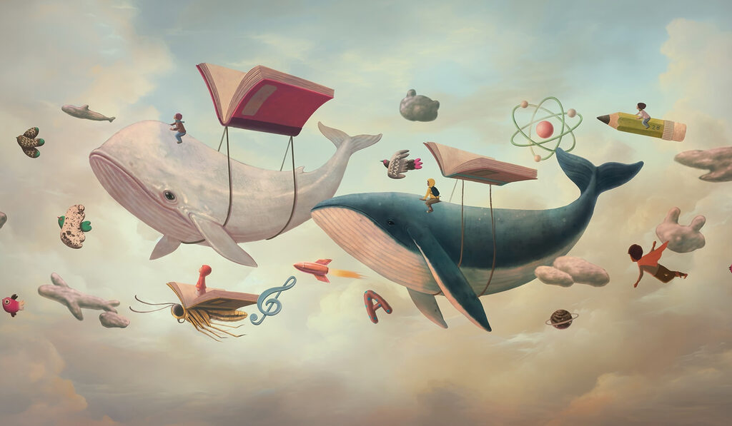 Wale zwischen Büchern — ganzes Design