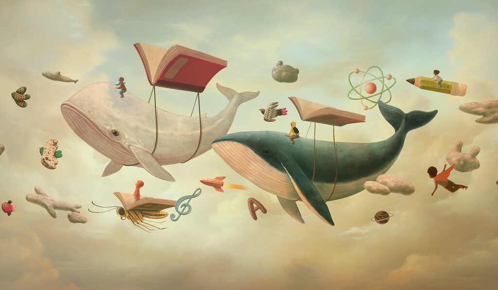Wale zwischen Büchern — ganzes Design