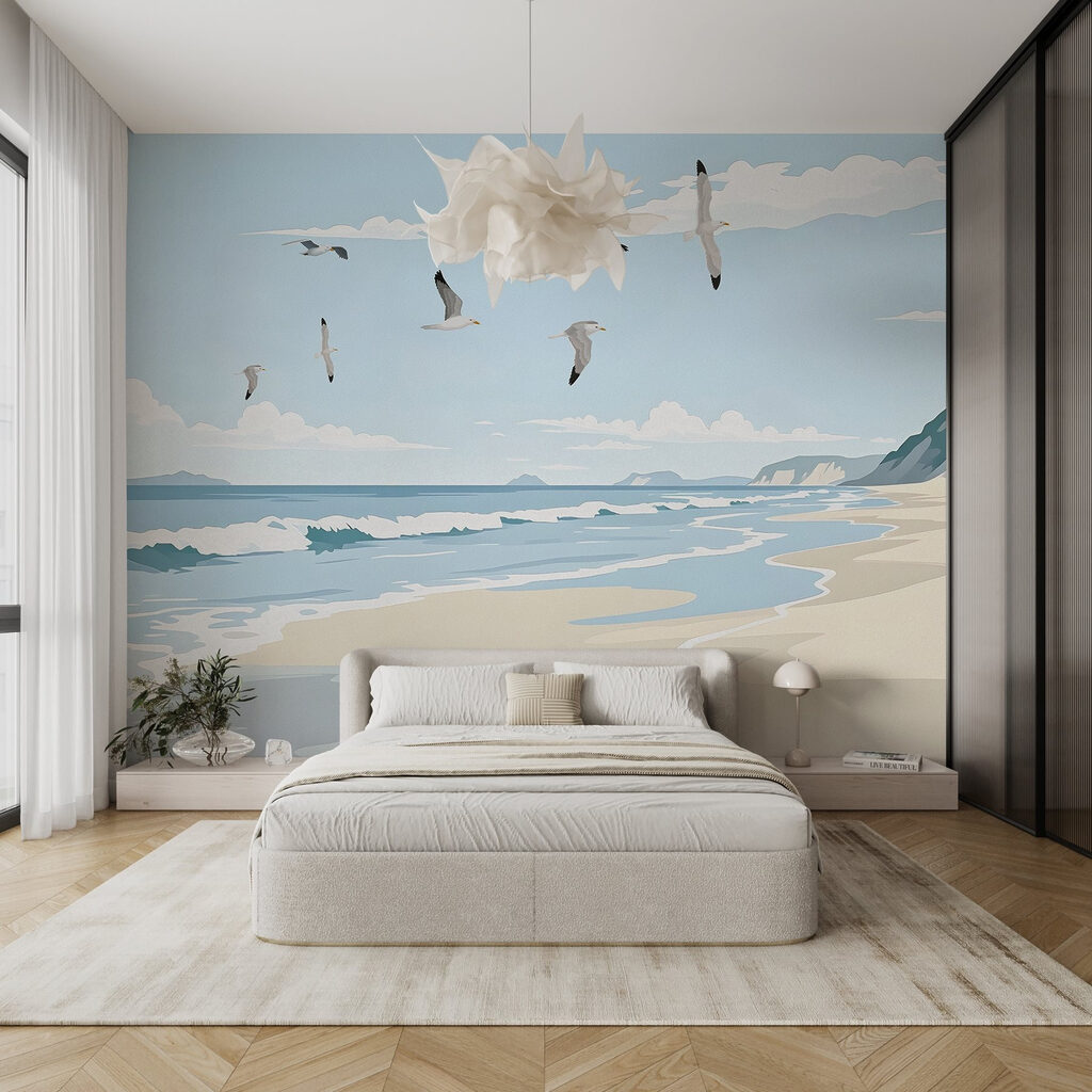 Möwen über der Sandbucht in einem Interieur