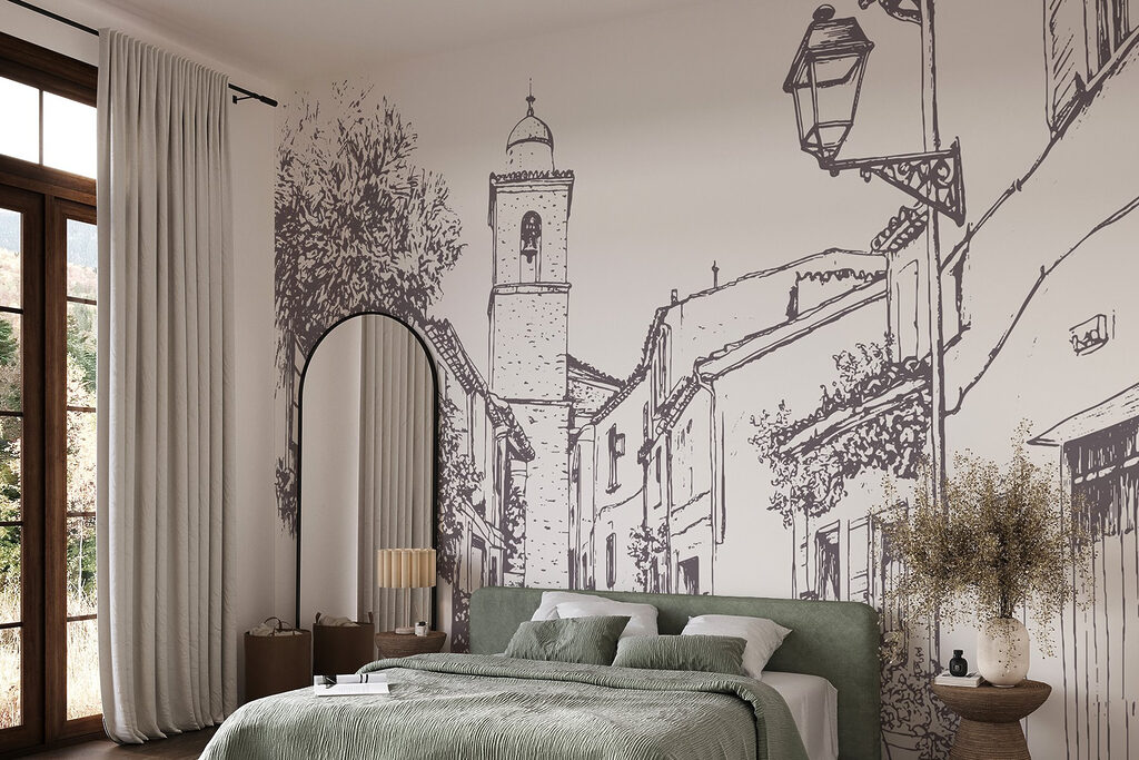 Dorfstraße als Strichzeichnung in einem Interieur