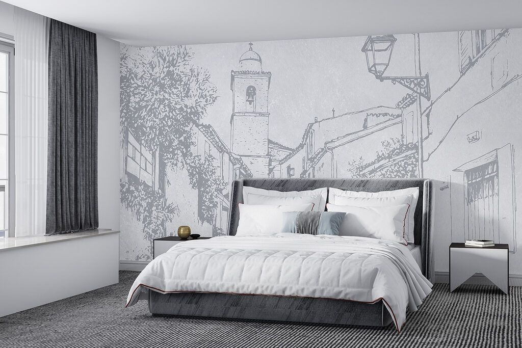 Bleistiftskizze einer Dorfstraße in einem Interieur