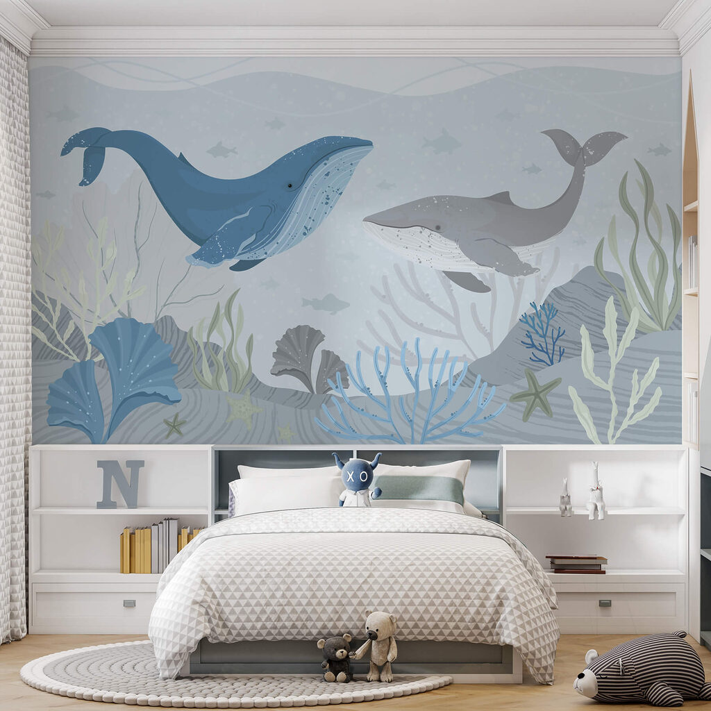 Wale unter Wasser in einem Interieur