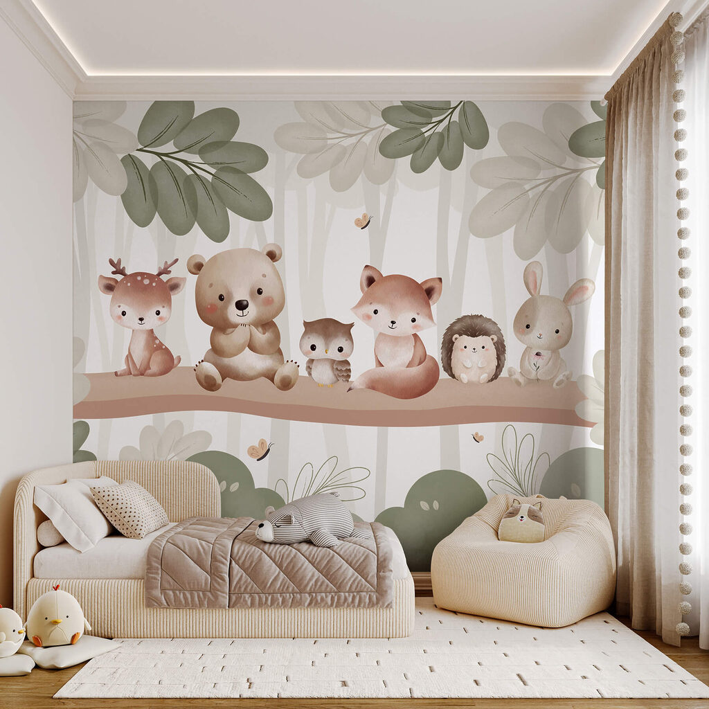 Waldfreunde auf breitem Ast in einem Interieur