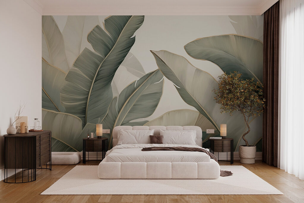 Große Blätter in Olivgrün in einem Interieur