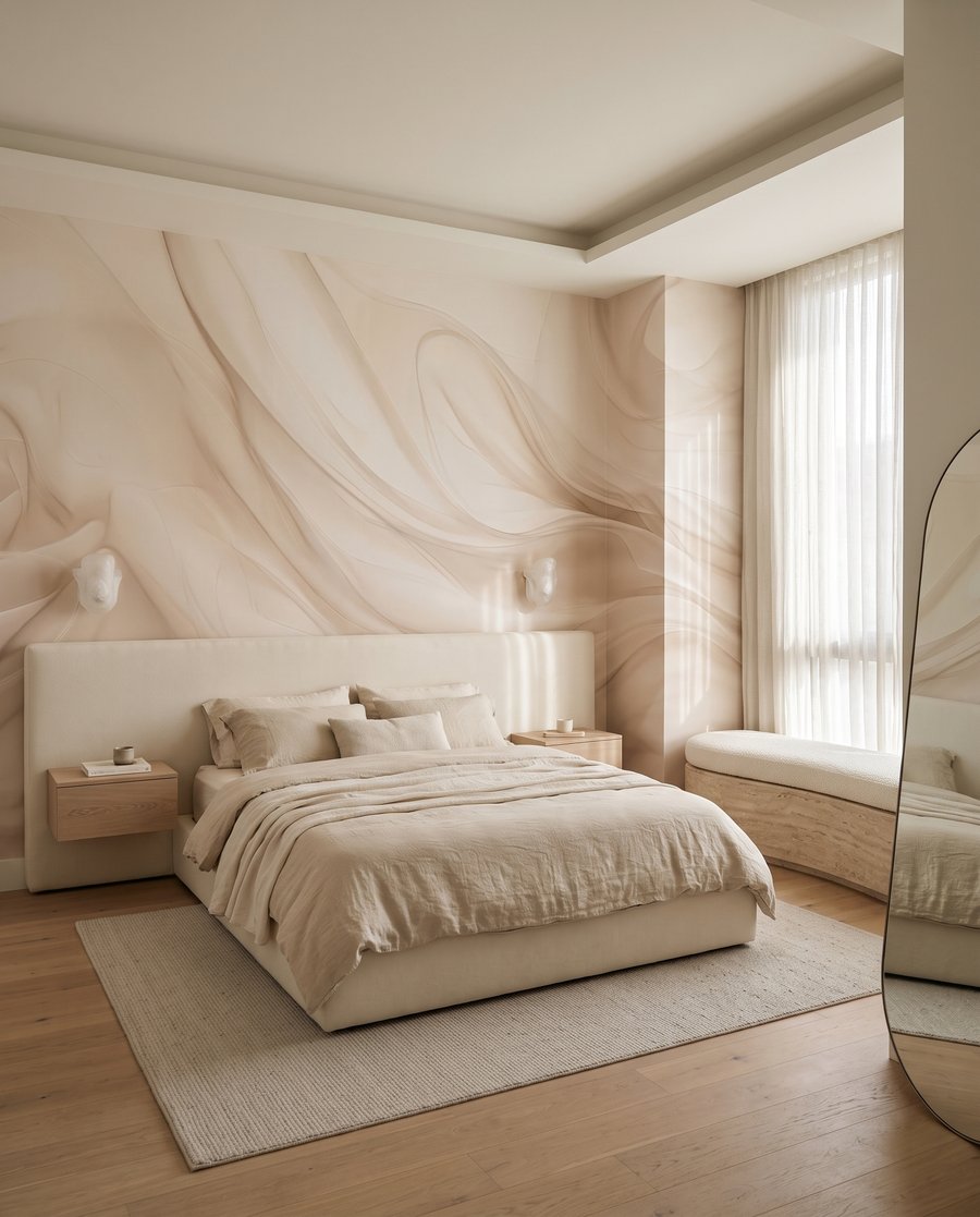 Cremefarbener Stoff in Bewegung in einem Interieur