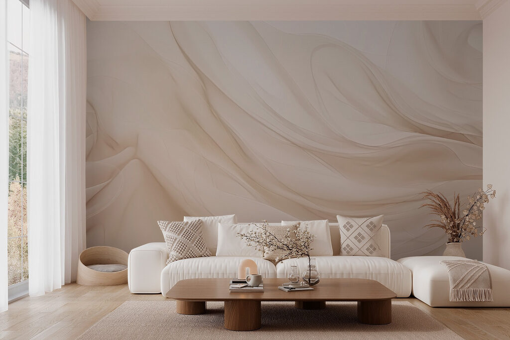 Cremefarbener Stoff in Bewegung in einem Interieur