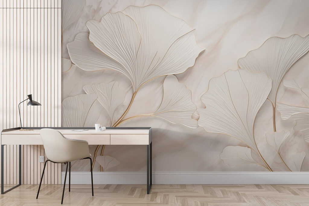 Blätter auf welligem Grund in einem Interieur