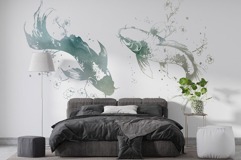 Zwei Fische in Farbspritzern in einem Interieur
