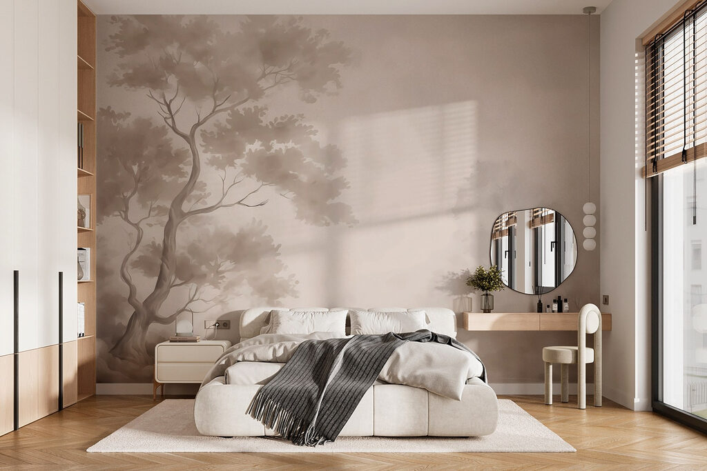 Schemenhafte Bäume im Nebel in einem Interieur