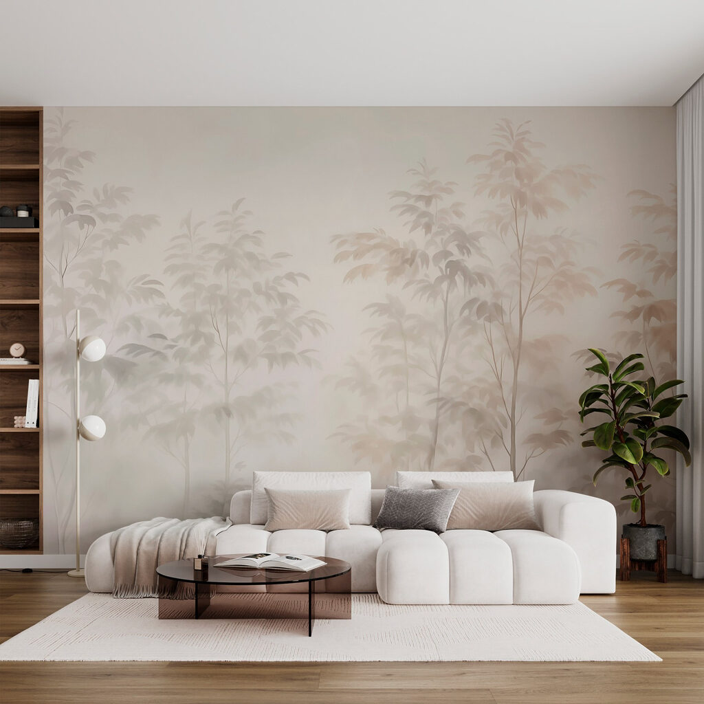 Hohe Bäume im Farbnebel in einem Interieur