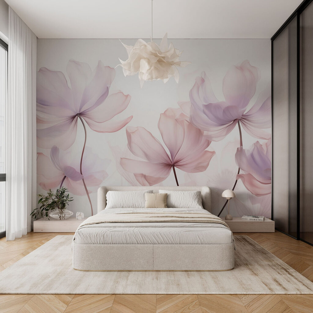 Geschwungene rosa Blüten in einem Interieur
