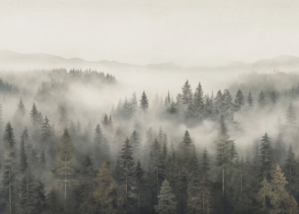 Nebel zwischen Kiefernwipfeln — ganzes Design