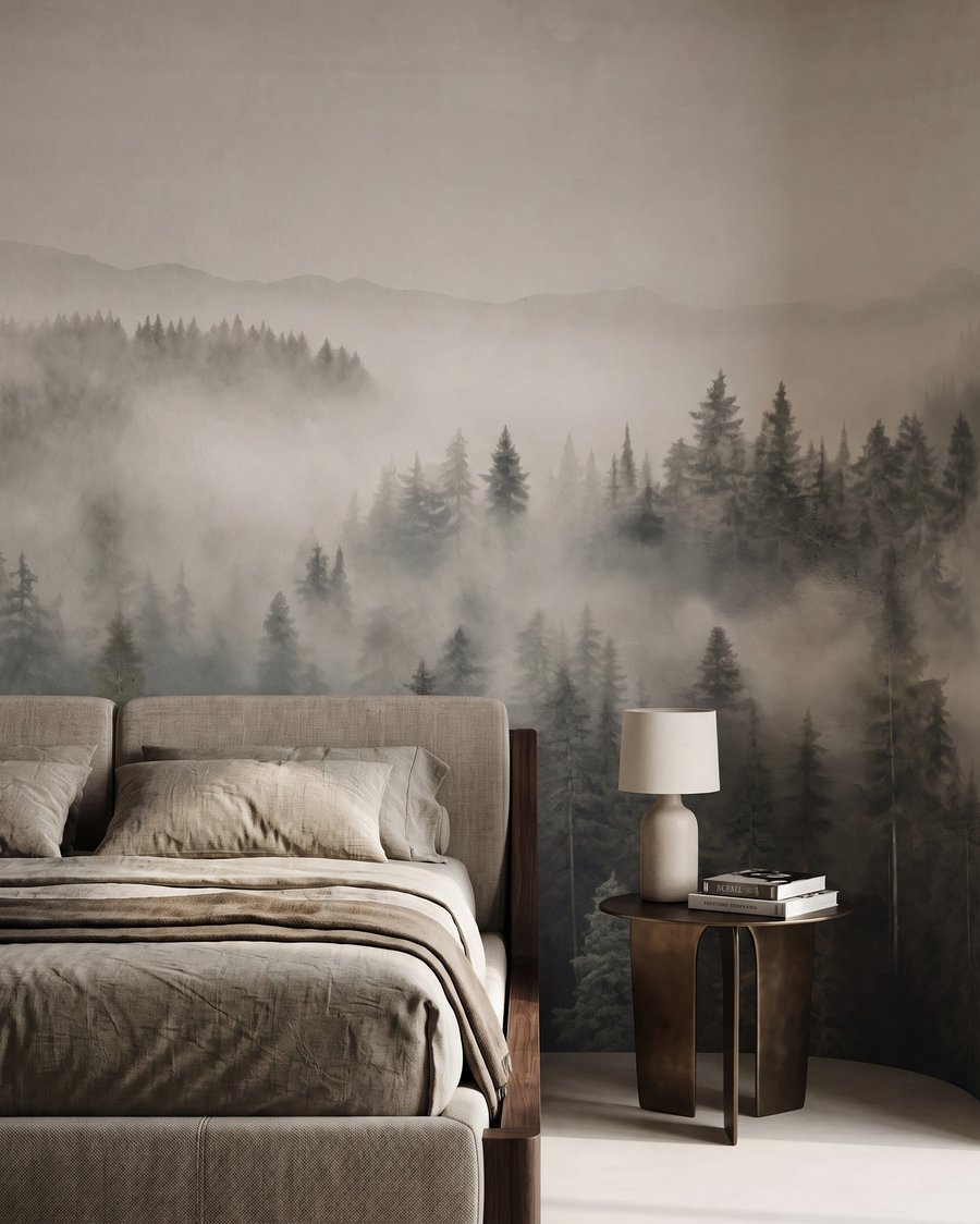 Nebel zwischen Kiefernwipfeln in einem Interieur