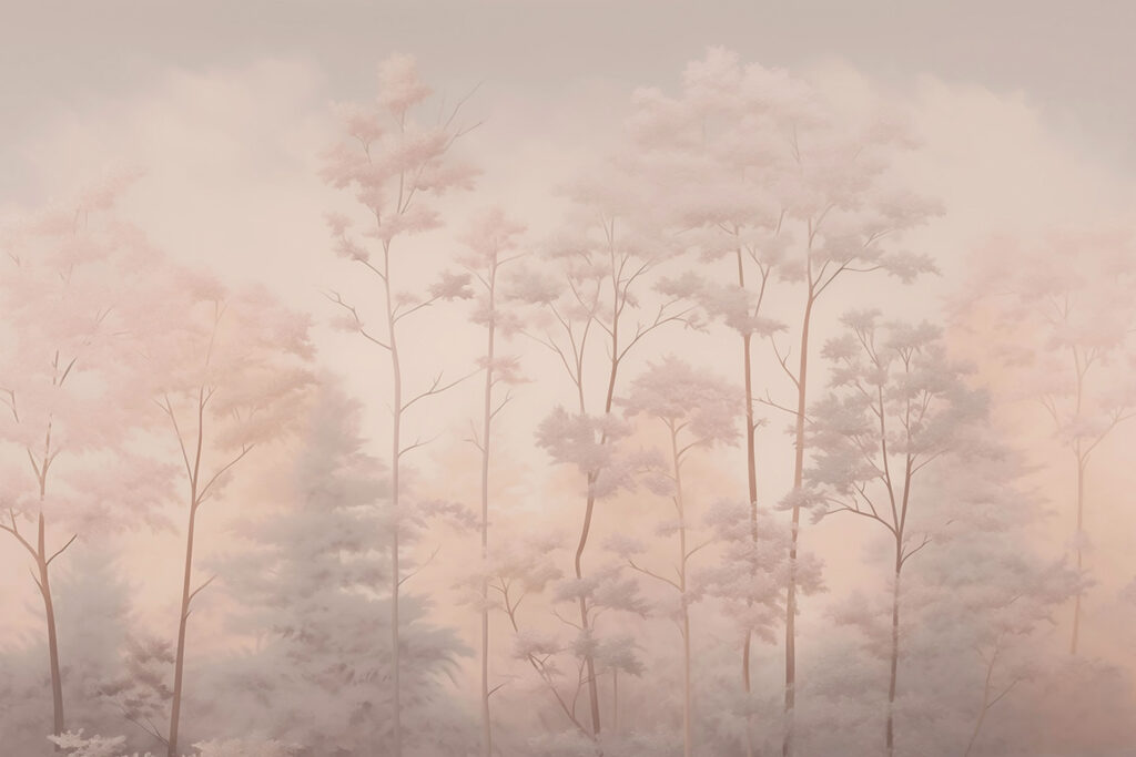 Hohe Bäume im Nebel — ganzes Design