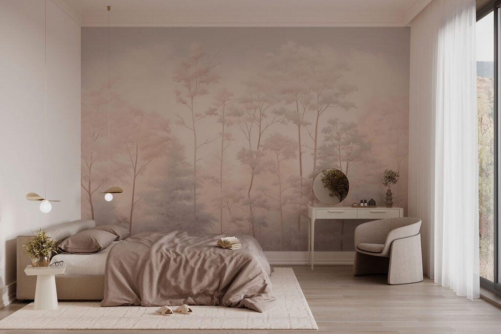 Hohe Bäume im Nebel in einem Interieur
